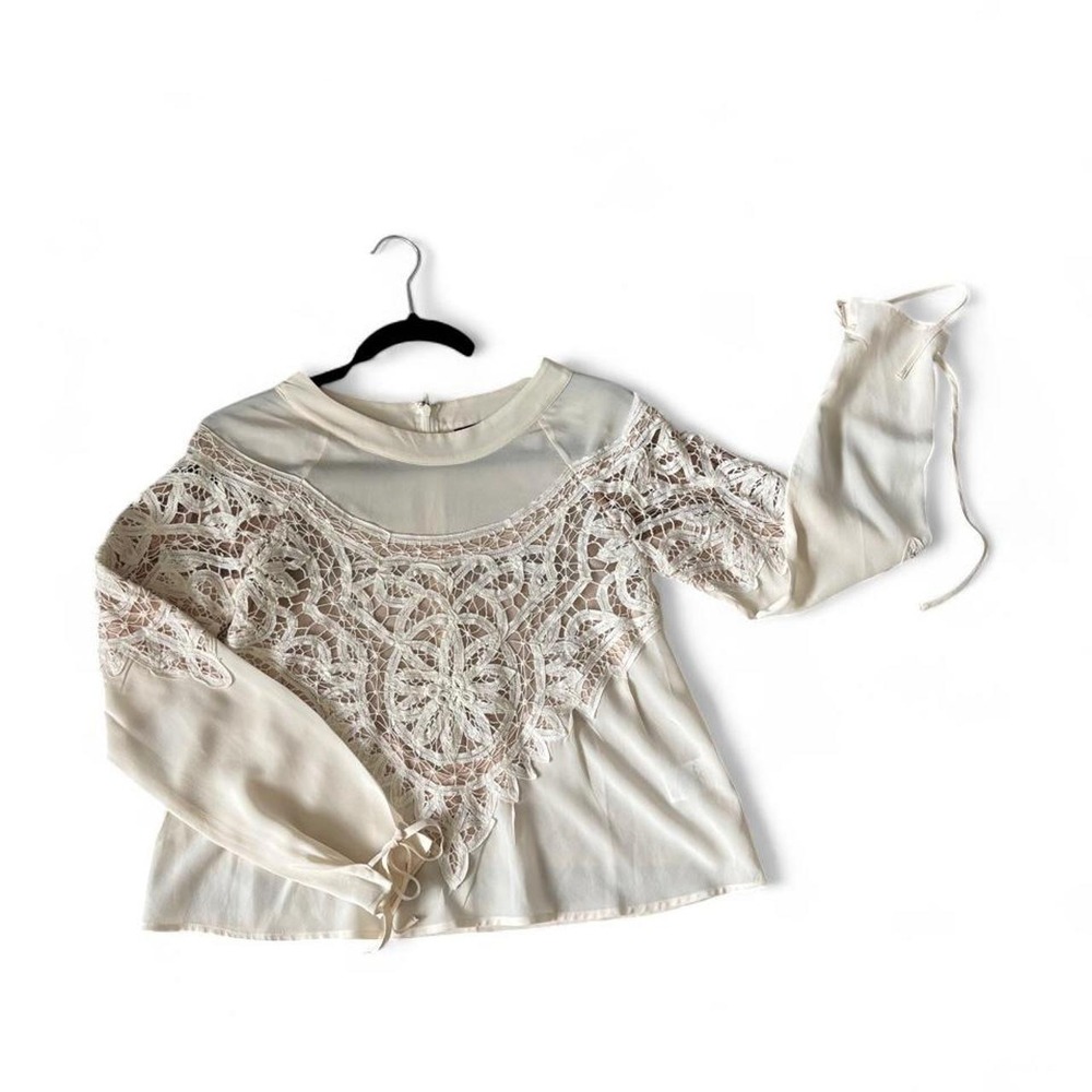 For Love and Lemons white silk with lace blouse with tie sleeves. Size XS